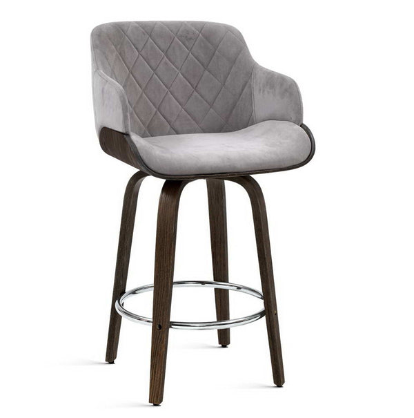 Artiss 1x Kitchen Bar Stools Wooden  Swivel Velvet Fabric Grey freeshipping - Awezingly