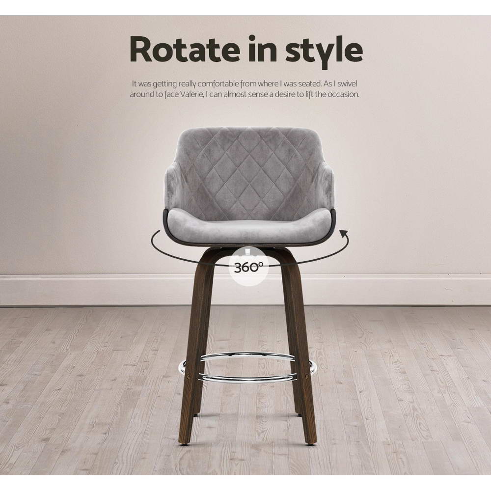 Artiss 1x Kitchen Bar Stools Wooden  Swivel Velvet Fabric Grey freeshipping - Awezingly