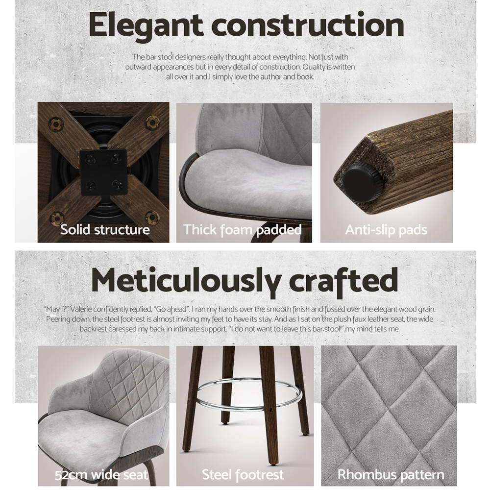 Artiss 1x Kitchen Bar Stools Wooden  Swivel Velvet Fabric Grey freeshipping - Awezingly