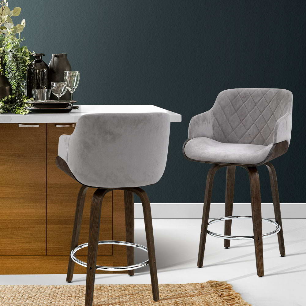 Artiss 1x Kitchen Bar Stools Wooden  Swivel Velvet Fabric Grey freeshipping - Awezingly