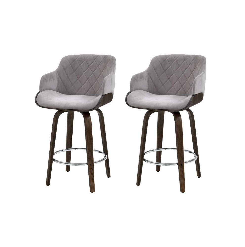 Artiss 2x Kitchen Bar Stools Wooden Bar Stool Chairs Swivel Velvet Fabric Grey Artiss