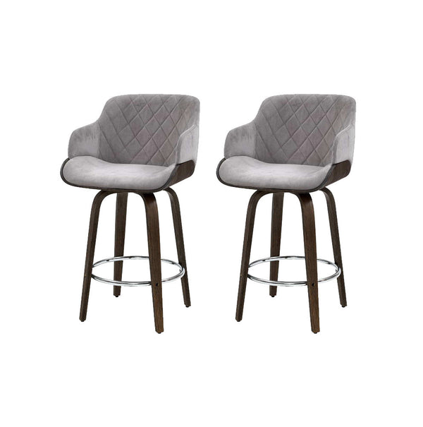 Artiss 2x Kitchen Bar Stools Wooden Bar Stool Chairs Swivel Velvet Fabric Grey Artiss
