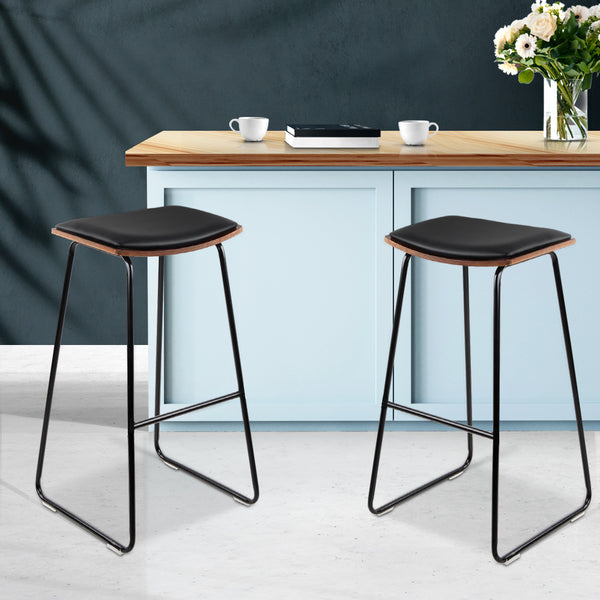 Artiss Set of 2 Backless PU Leather Bar Stools - Black and Wood freeshipping - Awezingly