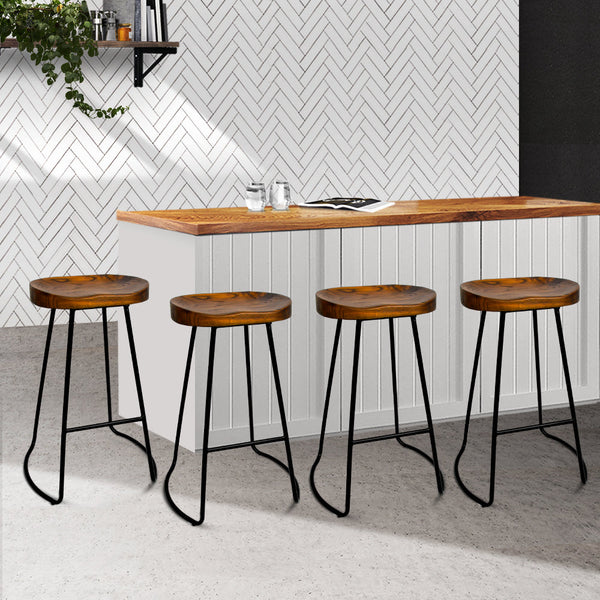 Artiss Set of 4 Elm Wood Backless Bar Stools 65cm - Black and Dark Natural Artiss