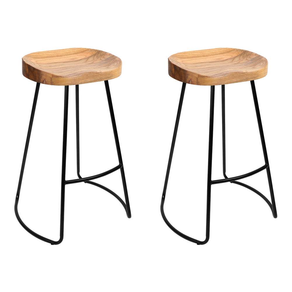 Artiss Set of 2 Elm Wood Backless Bar Stools 65cm - Black and Light Natural Artiss