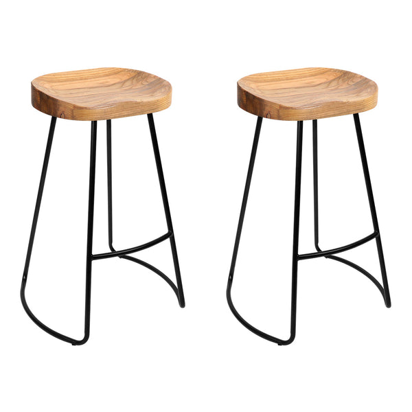 Artiss Set of 2 Elm Wood Backless Bar Stools 65cm - Black and Light Natural Artiss