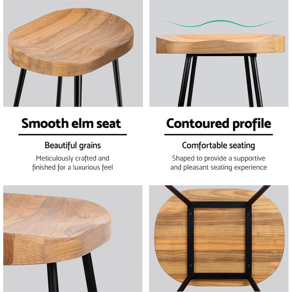 Artiss Set of 2 Elm Wood Backless Bar Stools 65cm - Black and Light Natural Artiss