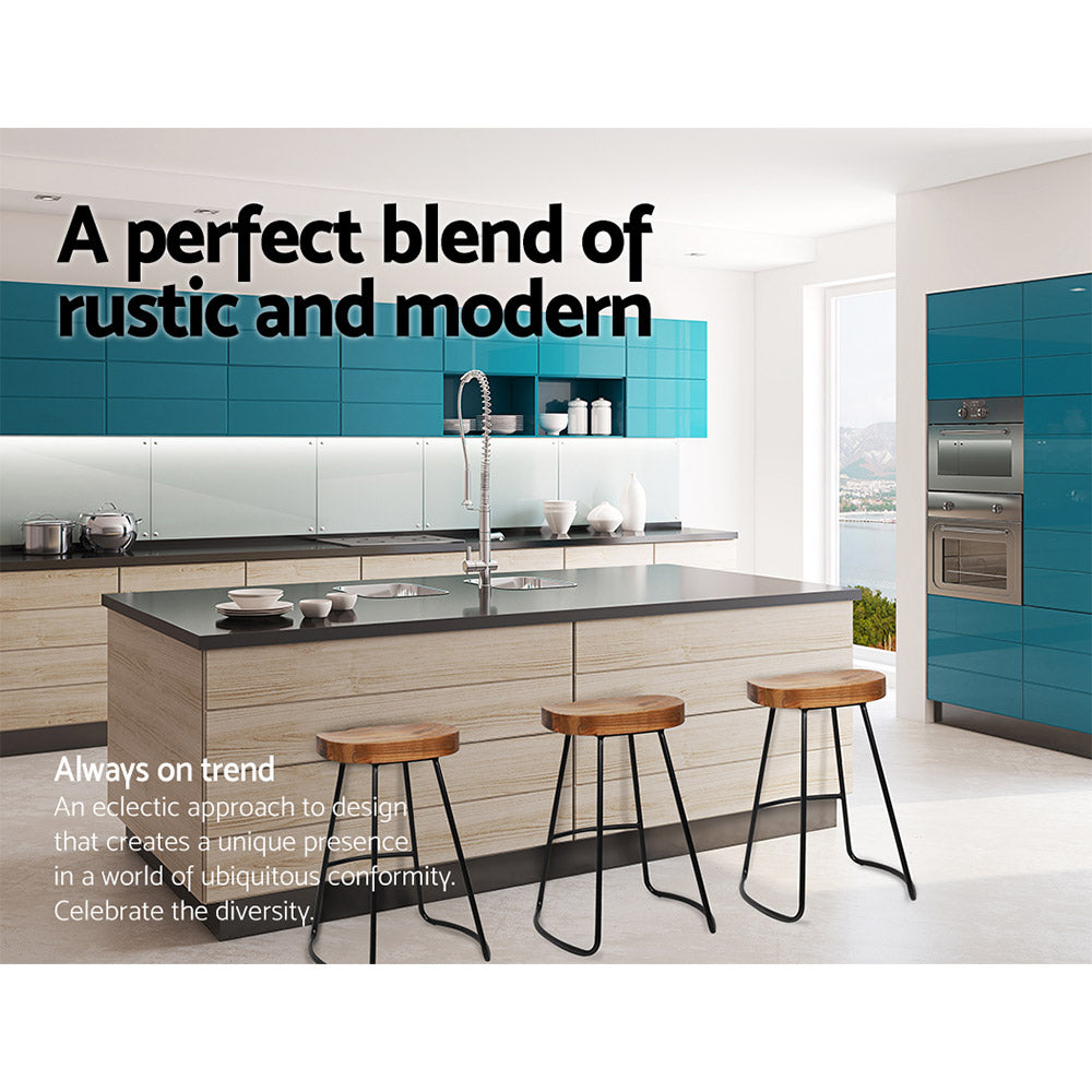 Artiss Set of 2 Elm Wood Backless Bar Stools 65cm - Black and Light Natural Artiss