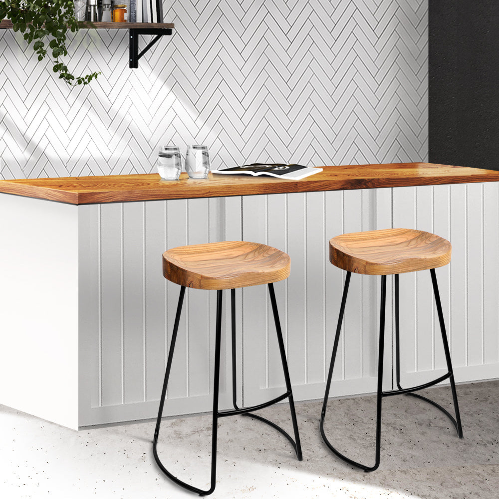 Artiss Set of 2 Elm Wood Backless Bar Stools 65cm - Black and Light Natural Artiss