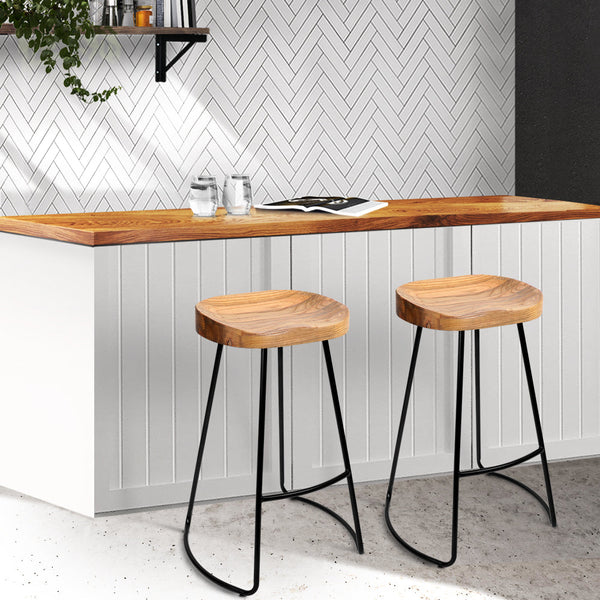 Artiss Set of 2 Elm Wood Backless Bar Stools 65cm - Black and Light Natural Artiss