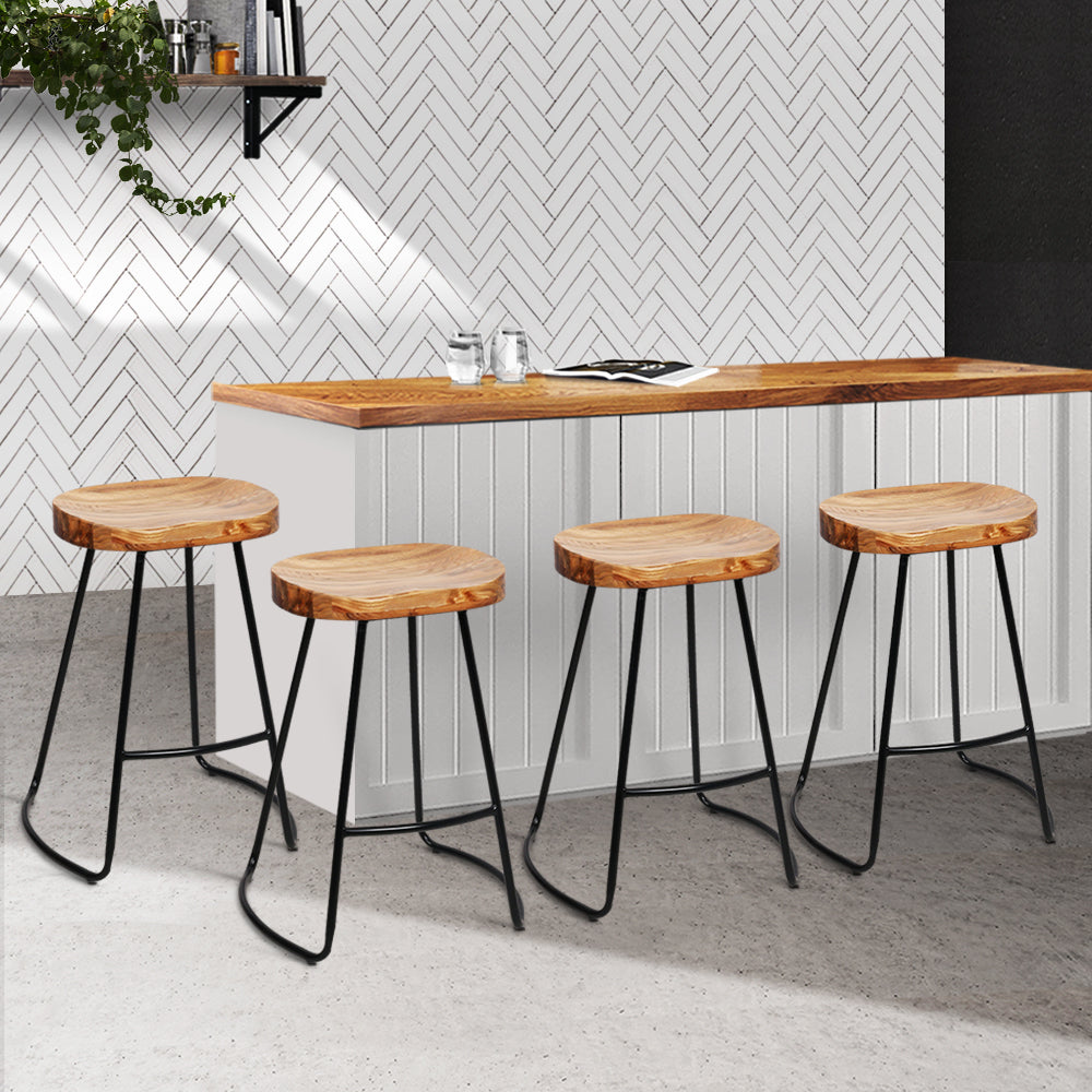 Artiss Set of 4 Elm Wood Backless Bar Stools 65cm - Black and Light Natural freeshipping - Awezingly