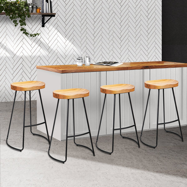 Artiss Set of 4 Elm Wood Backless Bar Stools 75cm - Black and Light Natural freeshipping - Awezingly