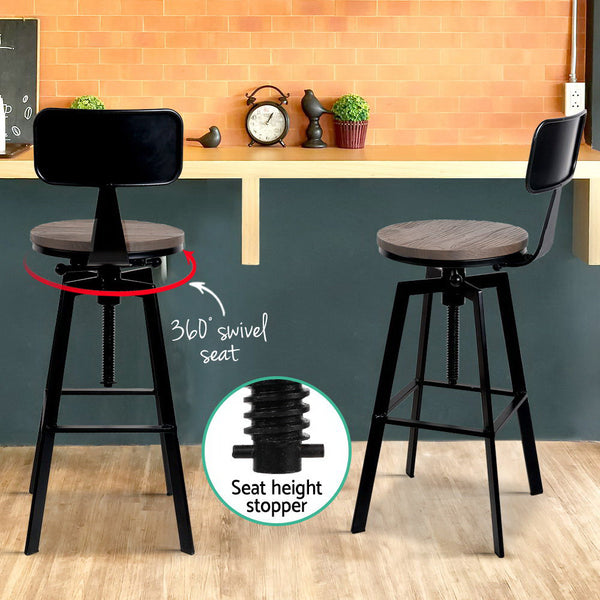 Artiss Set of 2 Rustic Industrial Style Metal Bar Stool - Black and Wood freeshipping - Awezingly