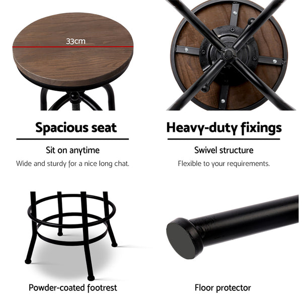 Artiss Set of 2 Bar Stool Industrial Round Seat Wood Metal - Black and Brown freeshipping - Awezingly