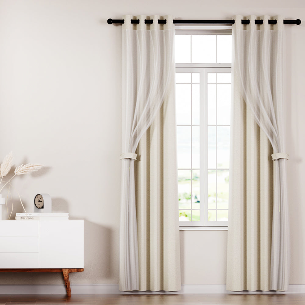 Artiss 2X 132x213cm Blockout Sheer Curtains Beige Artiss