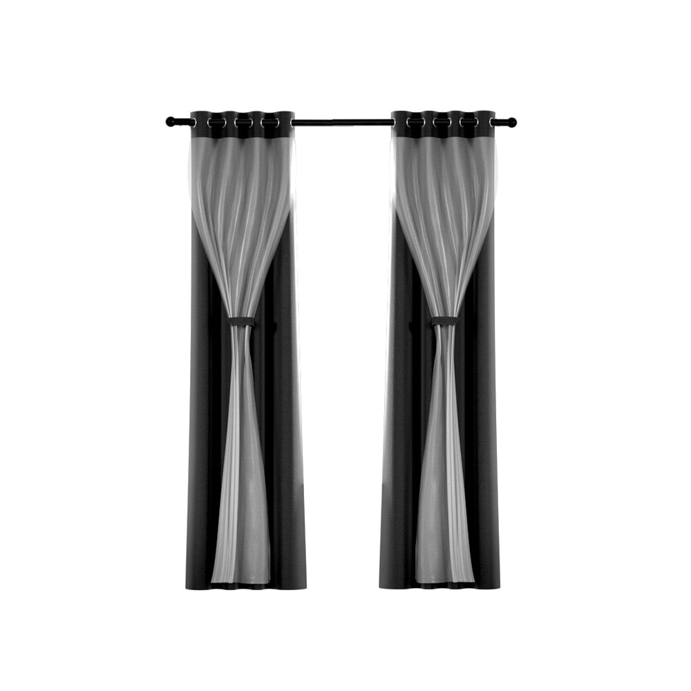 Artiss 2X 132x213cm Blockout Sheer Curtains Black Artiss