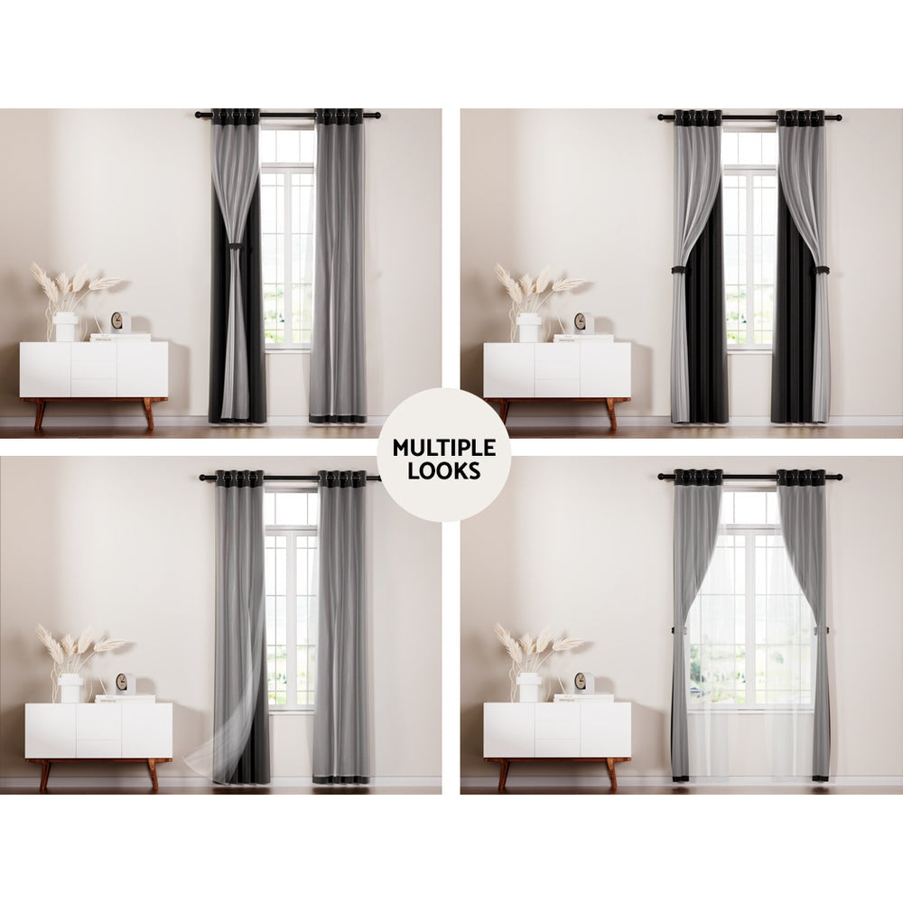 Artiss 2X 132x242cm Blockout Sheer Curtains Black Artiss