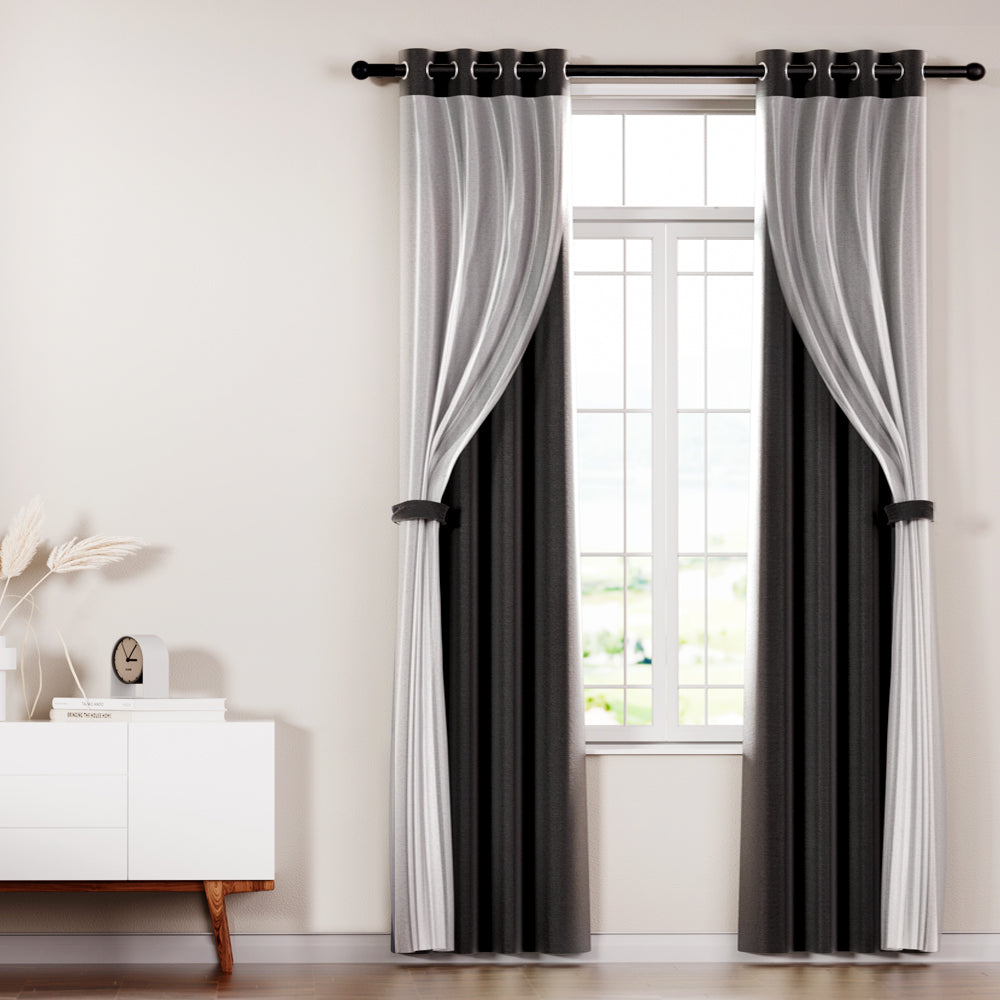Artiss 2X 132x304cm Blockout Sheer Curtains Black Artiss