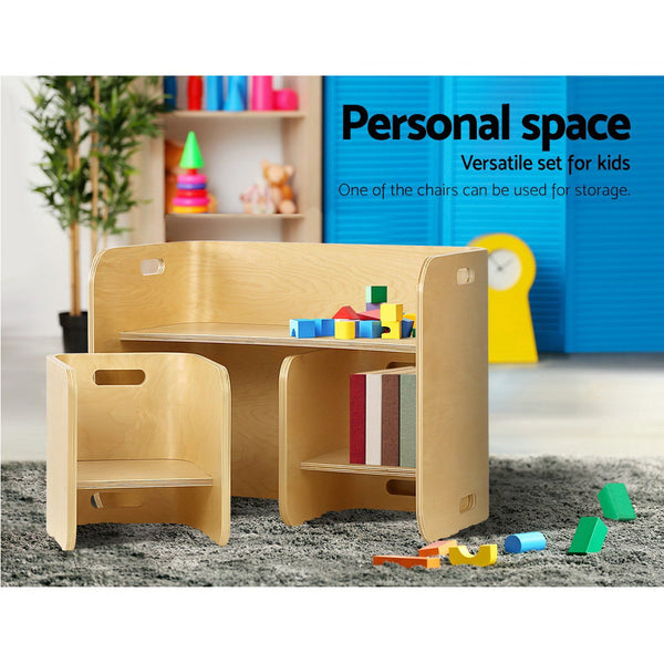 Keezi 3PC Kids Table and Chairs Set Toys Play Desk Children Shelf Storage Beige Keezi