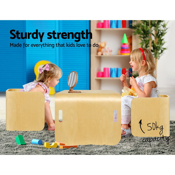 Keezi 3PC Kids Table and Chairs Set Toys Play Desk Children Shelf Storage Beige Keezi