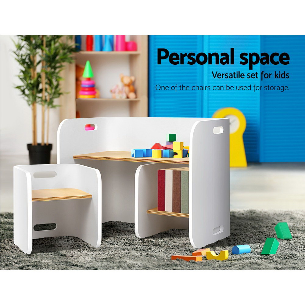 Keezi 3PC Kids Table and Chairs Set Toys Play Desk Children Shelf Storage White Keezi