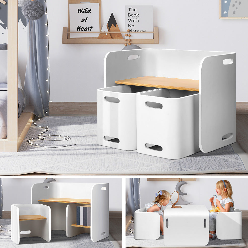 Keezi 3PC Kids Table and Chairs Set Toys Play Desk Children Shelf Storage White Keezi
