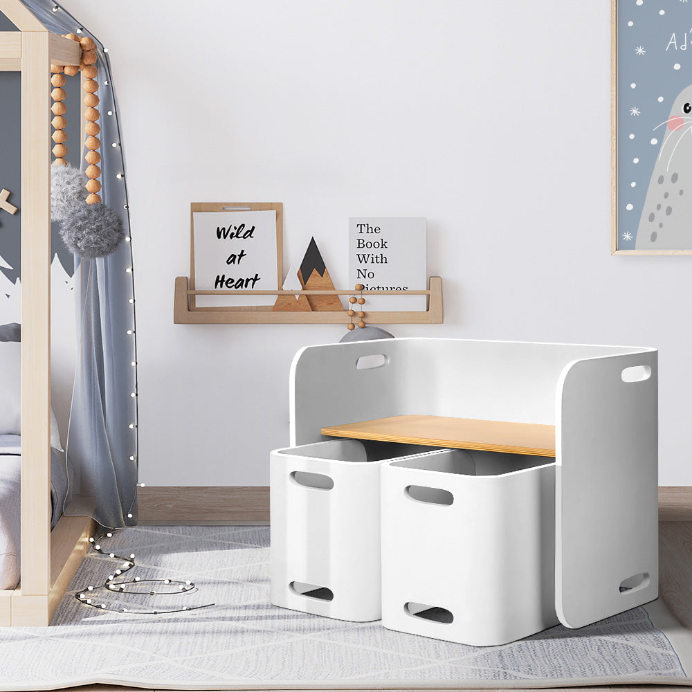 Keezi 3PC Kids Table and Chairs Set Toys Play Desk Children Shelf Storage White Keezi