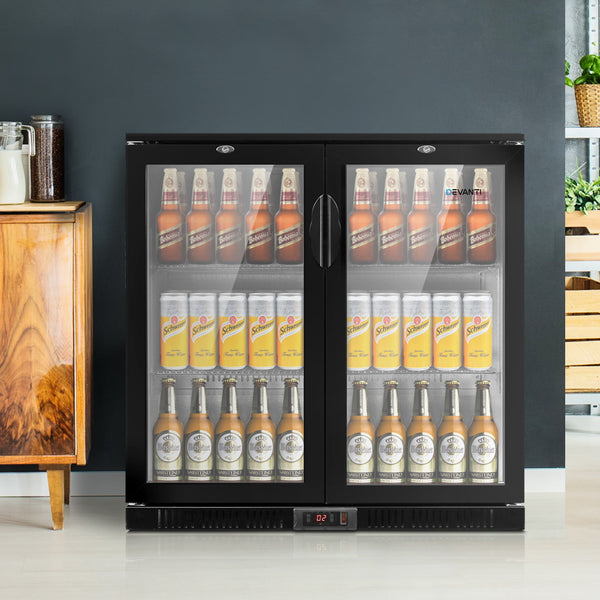 Devanti Bar Fridge 2 Glass Door Commercial Display Freeer Drink Beverage Cooler Black freeshipping - Awezingly