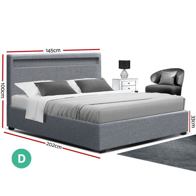 Artiss Bed Frame Double Size Gas Lift RGB LED Bedbase Grey Cole