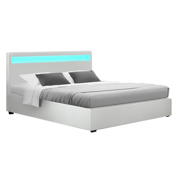 Artiss Bed Frame Double Size Gas Lift RGB LED White Cole Artiss