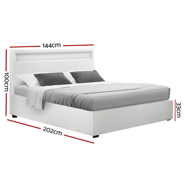 Artiss Bed Frame Double Size Gas Lift RGB LED White Cole Artiss