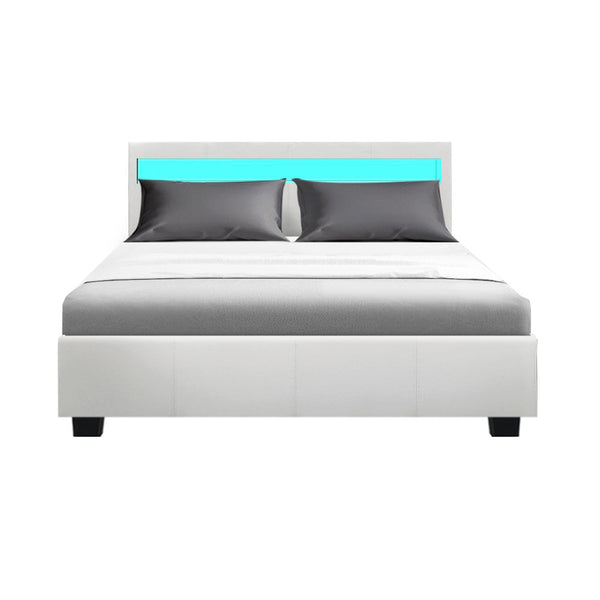 Artiss Bed Frame Double Size Gas Lift RGB LED White Cole Artiss