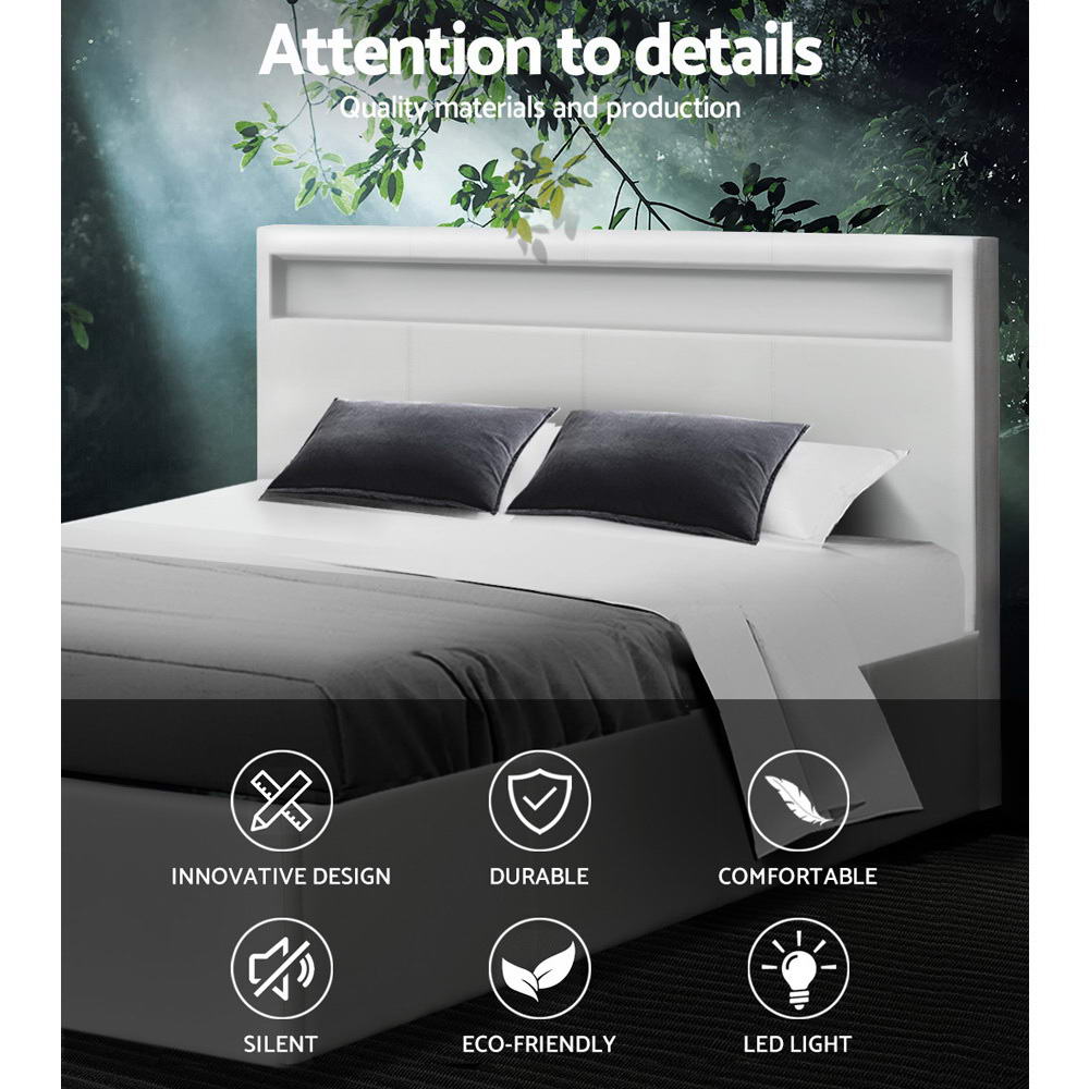 Artiss Bed Frame Double Size Gas Lift RGB LED White Cole Artiss