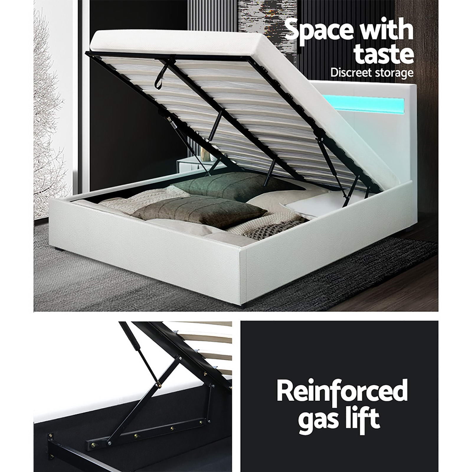 Artiss Bed Frame Double Size Gas Lift RGB LED White Cole Artiss