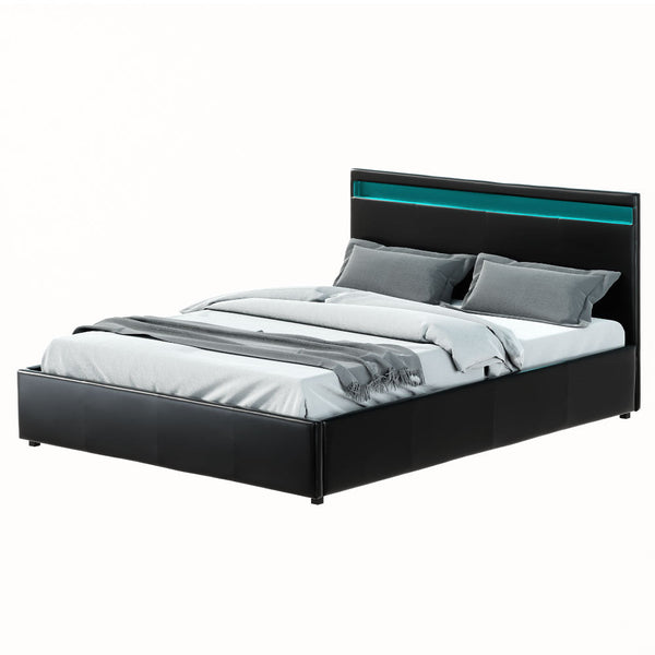 Artiss LED Bed Frame Queen Size Gas Lift Base With Storage Black Leather Artiss