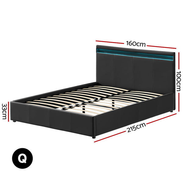 Artiss LED Bed Frame Queen Size Gas Lift Base With Storage Black Leather Artiss