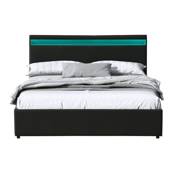 Artiss LED Bed Frame Queen Size Gas Lift Base With Storage Black Leather Artiss