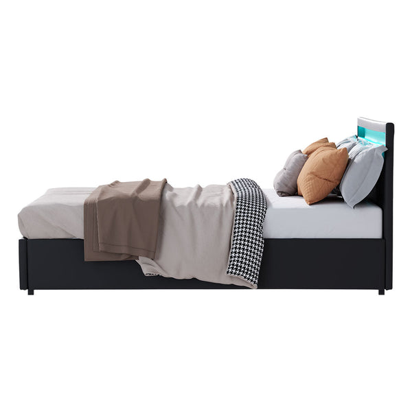 Artiss LED Bed Frame Queen Size Gas Lift Base With Storage Black Leather Artiss