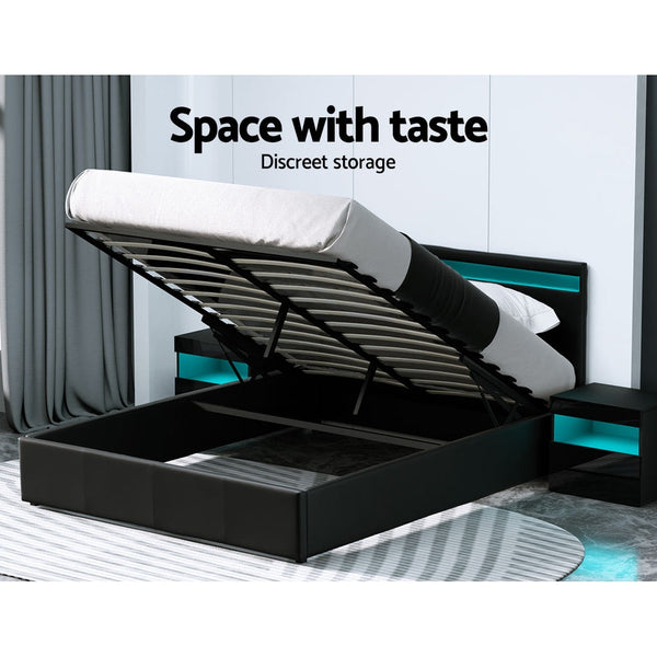Artiss LED Bed Frame Queen Size Gas Lift Base With Storage Black Leather Artiss
