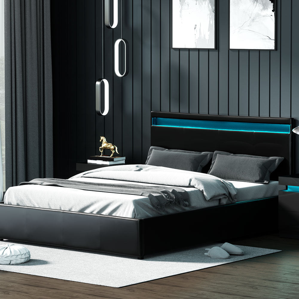 Artiss LED Bed Frame Queen Size Gas Lift Base With Storage Black Leather Artiss