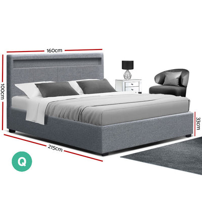 Artiss LED Bed Frame Queen Size Gas Lift Base With Storage Grey Fabric COLE