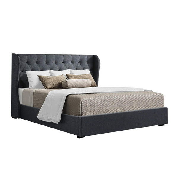 Artiss Issa Bed Frame Fabric Gas Lift Storage - Charcoal Queen Artiss