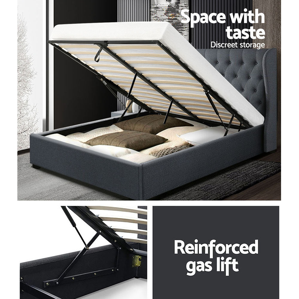 Artiss Issa Bed Frame Fabric Gas Lift Storage - Charcoal Queen Artiss