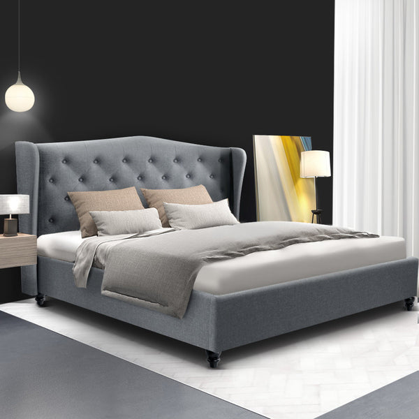 Artiss Double Size Wooden Upholstered Bed Frame Headborad - Grey freeshipping - Awezingly