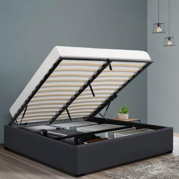 Artiss TOKI Queen Size Storage Gas Lift Bed Frame without Headboard Fabric Charcoal freeshipping - Awezingly