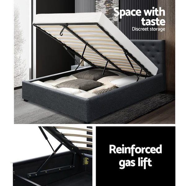 Artiss Vila Bed Frame Fabric Gas Lift Storage - Charcoal Queen Artiss