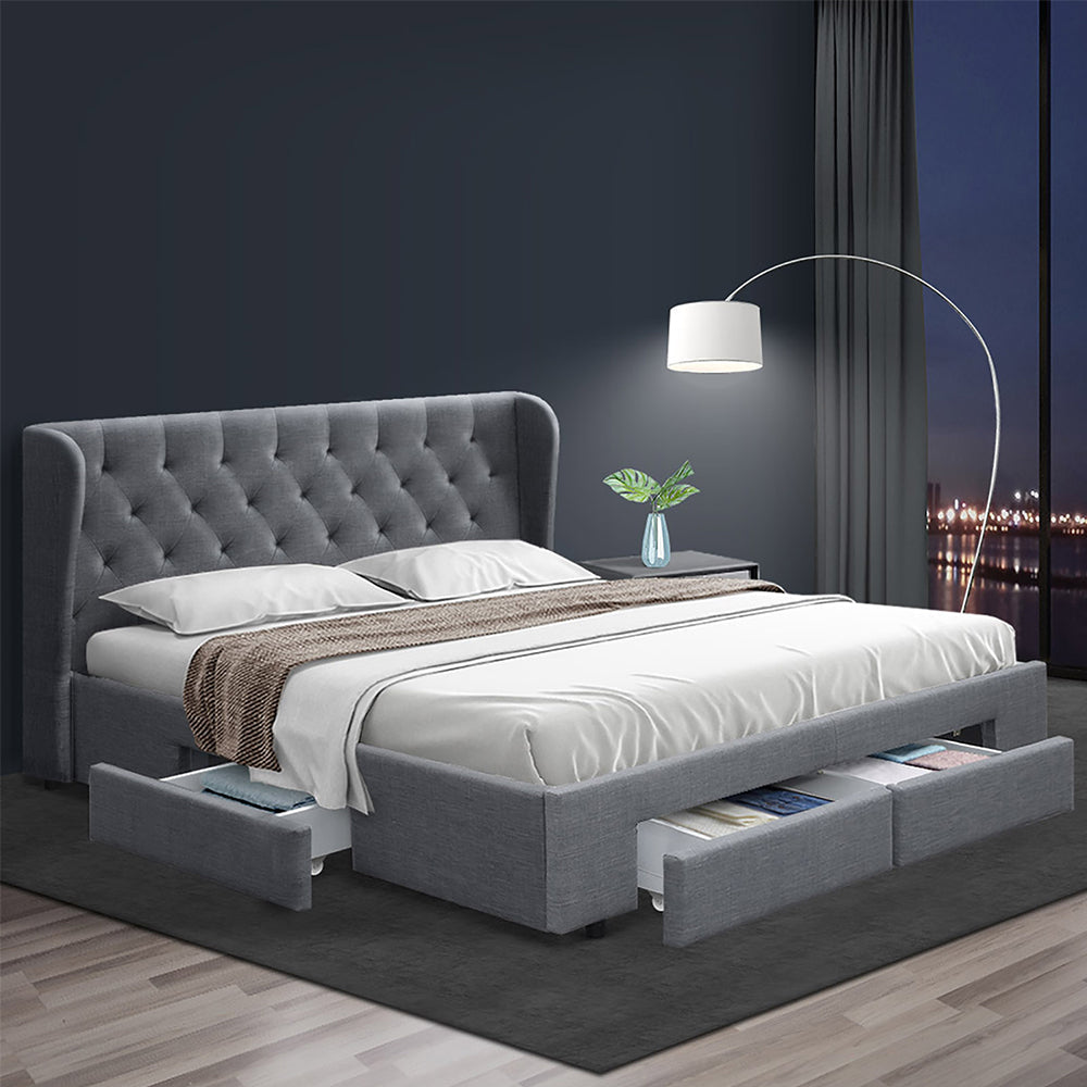 Artiss Bed Frame Queen Size Base With Storage Drawers Charcoal Fabric Mila Collection Artiss
