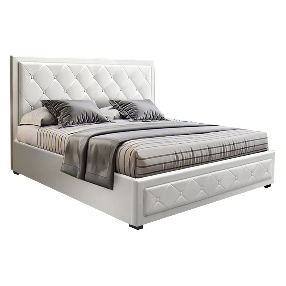 Artiss TIYO Double Full Size Gas Lift Bed Frame Base With Storage Mattress White Leather Artiss