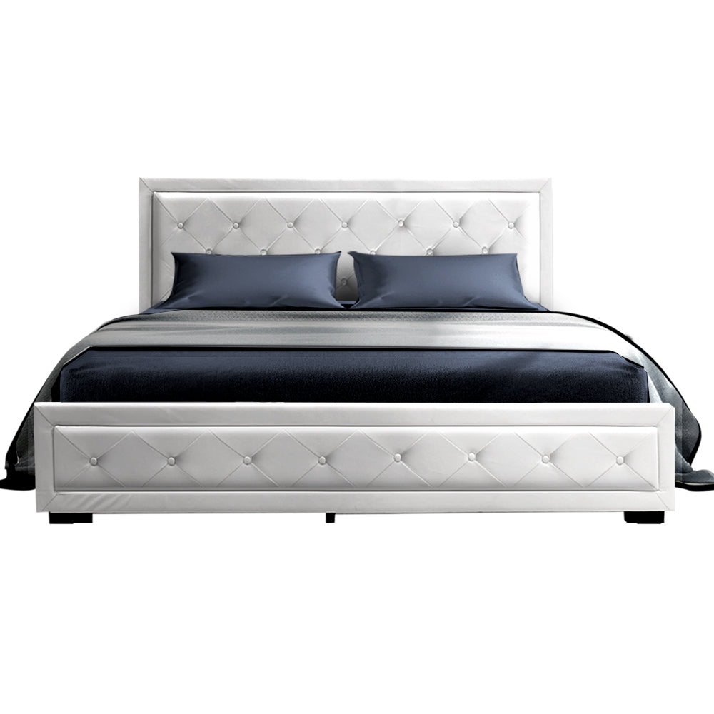 Artiss TIYO Double Full Size Gas Lift Bed Frame Base With Storage Mattress White Leather Artiss