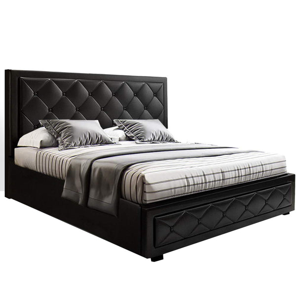 Artiss Bed Frame Double Size Gas Lift Base With Storage Black Leather Tiyo Collection Artiss